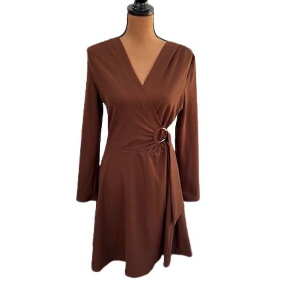 MARINA Dresses & Skirts - Marina Surplice Neckline Faux Wrap Belted Midi Dress in Brown – Size Small